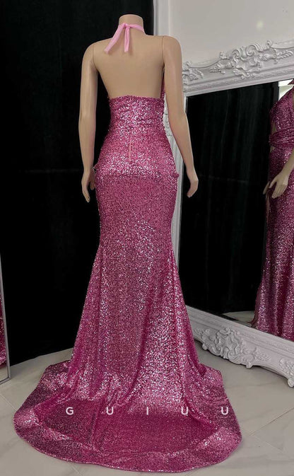 G4562 - Sheath Fully Sequined High Side Slit Backless Prom Party Dress with Train for Black Girl Slay