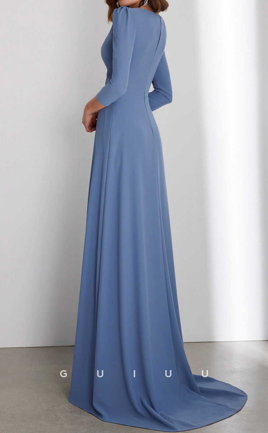 GM179 - Sheath V Neck Long Sleeves Pleated  Cocktail Dress Wedding Guest Dress with Train