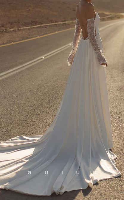 GW1006 - Sheath Boat Neck Sleeveless Long Gloves High Side Slit Stain Wedding Dress with Train