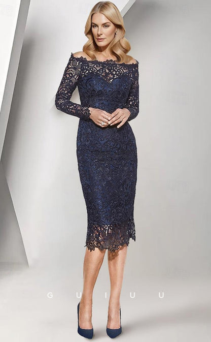 GM014 -  Sheath Elegant Off Shoulder Long Sleeves Keen Length Fully Lace Mother of the Bride Dress