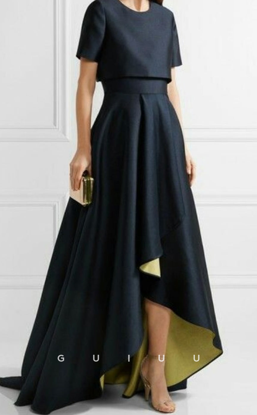 GM120 - Sheath High Low Jewel Neck Asymmetrical Short Sleeves Taffeta Mother of the Bride Dress