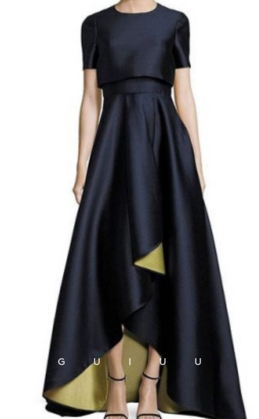 GM120 - Sheath High Low Jewel Neck Asymmetrical Short Sleeves Taffeta Mother of the Bride Dress