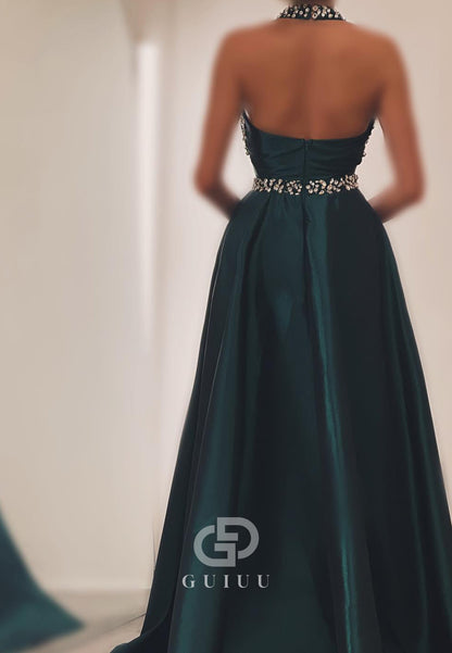 G4739 -  Sheath High Neck Sleeveless Illsion Pleated Back Zipper Crystal Satin Lone Prom Dress