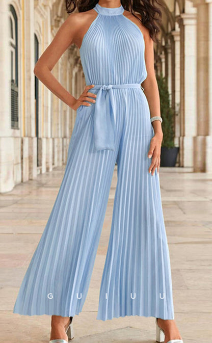 GM219 - Sheath Jumpsuit Pantsuit Halter Sleeveless Tea Length  Cocktail Dress Wedding Guest Dress