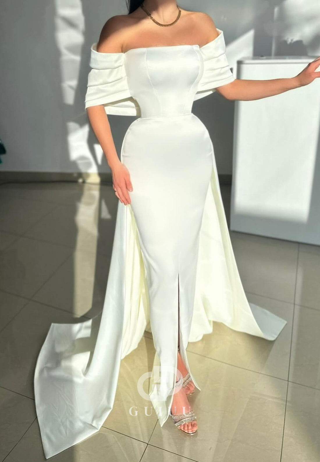 G4725 - Sheath Off Shoulder Half Sleeves Satin Long Prom Dress with Train