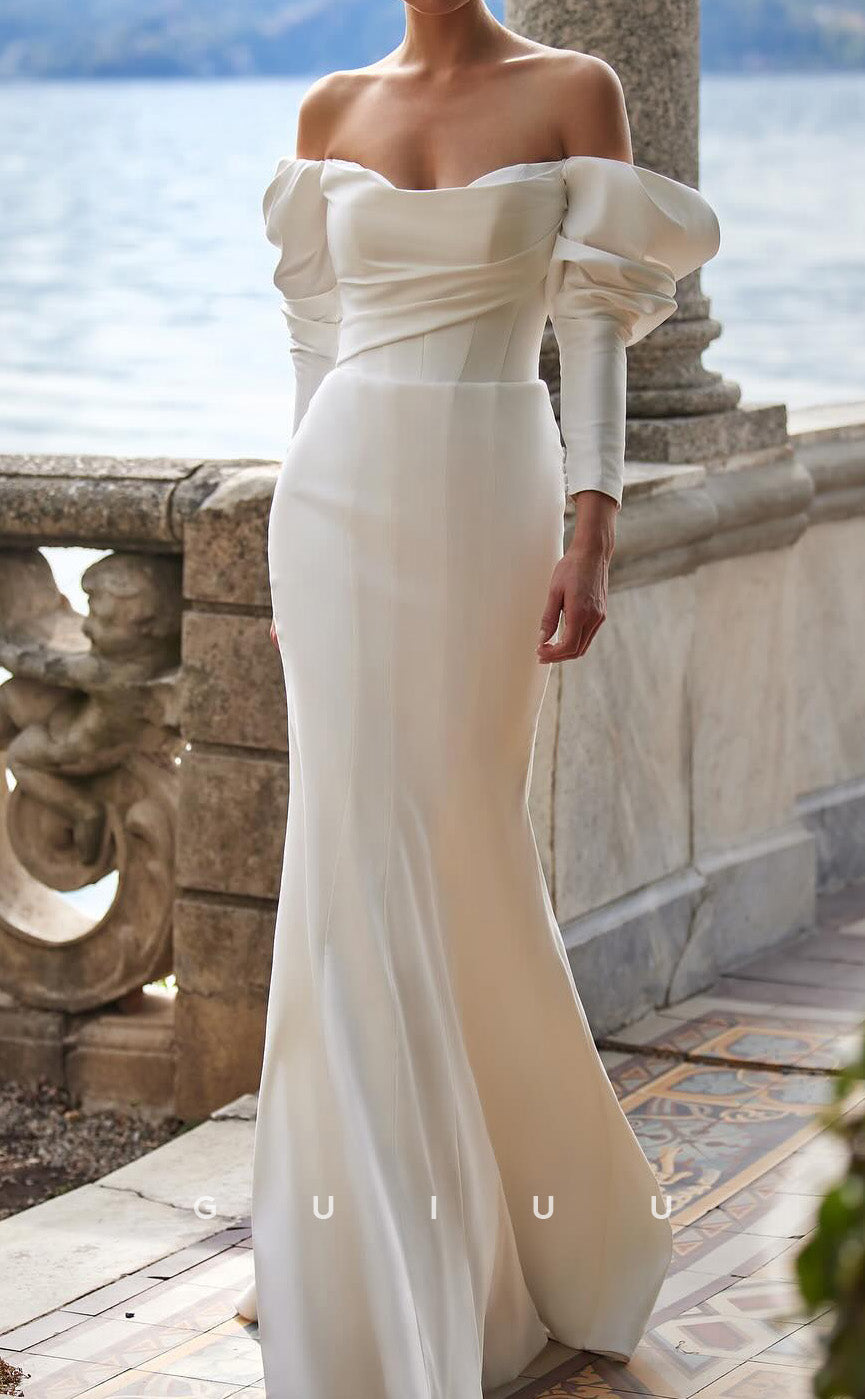 GW1013 - Sheath Off Shoulder Long Sleeeves Pleated Ruched Stain Wedding Dress with Train