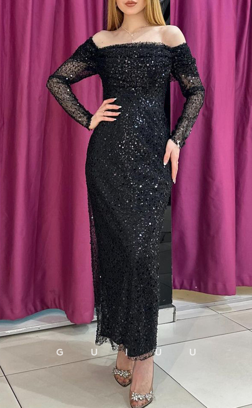 G3935 - Sheath Off Shoulder Long Sleeves Fully Beaded Sequined Prom Party Gown