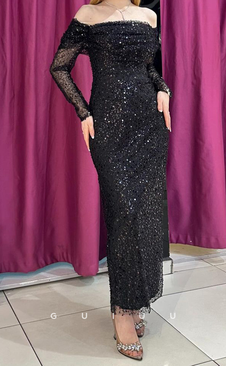 G3935 - Sheath Off Shoulder Long Sleeves Fully Beaded Sequined Prom Party Gown