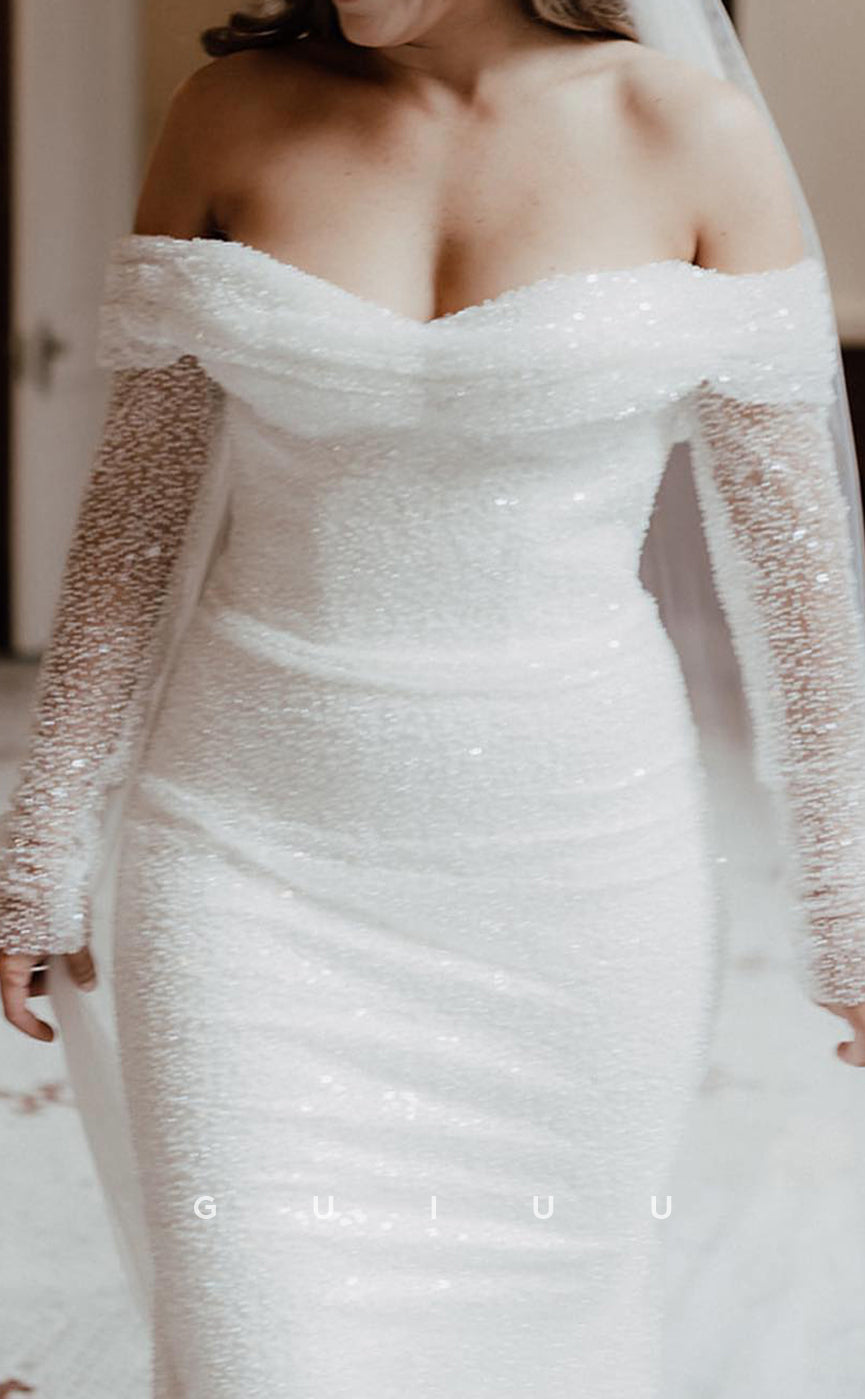 GW961 - Sheath Off Shoulder Long Sleeves Fully Sequines Wedding Dress