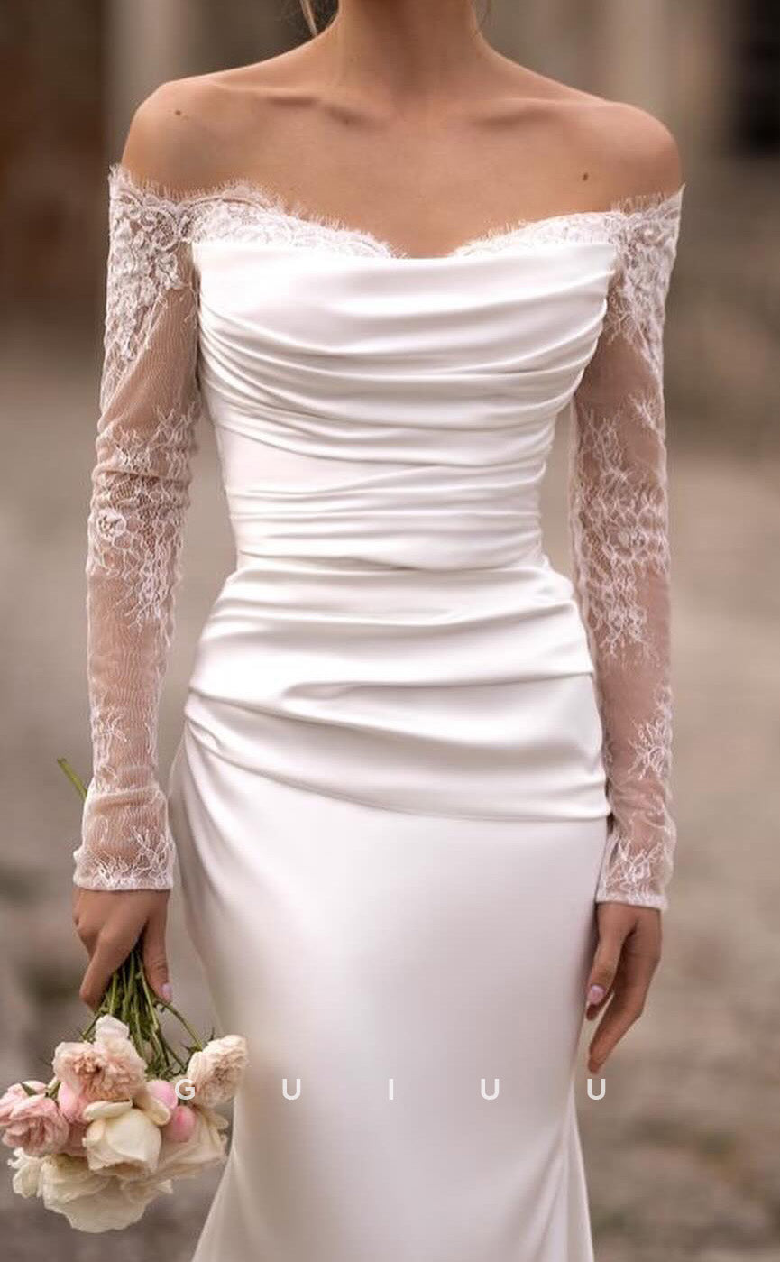 GW1017 - Sheath Off Shoulder Long Sleeves Pleated Ruched Satin Wedding Dress with Detachable Train