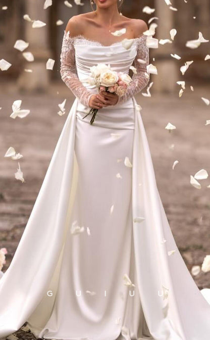 GW1017 - Sheath Off Shoulder Long Sleeves Pleated Ruched Satin Wedding Dress with Detachable Train