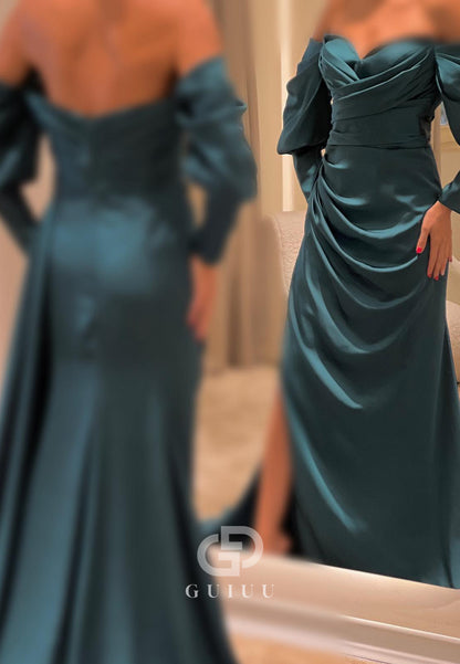 G4736 - Sheath Off Shoulder Long Sleeves Pleated Satin Long Prom Dress with Slit and Train