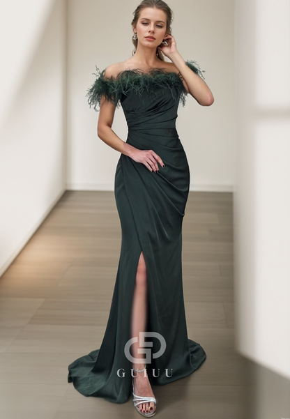 G4738 - Sheath Off Shoulder Sleeveless Feather Pleated Satin Long Prom Dress with Slit and Train