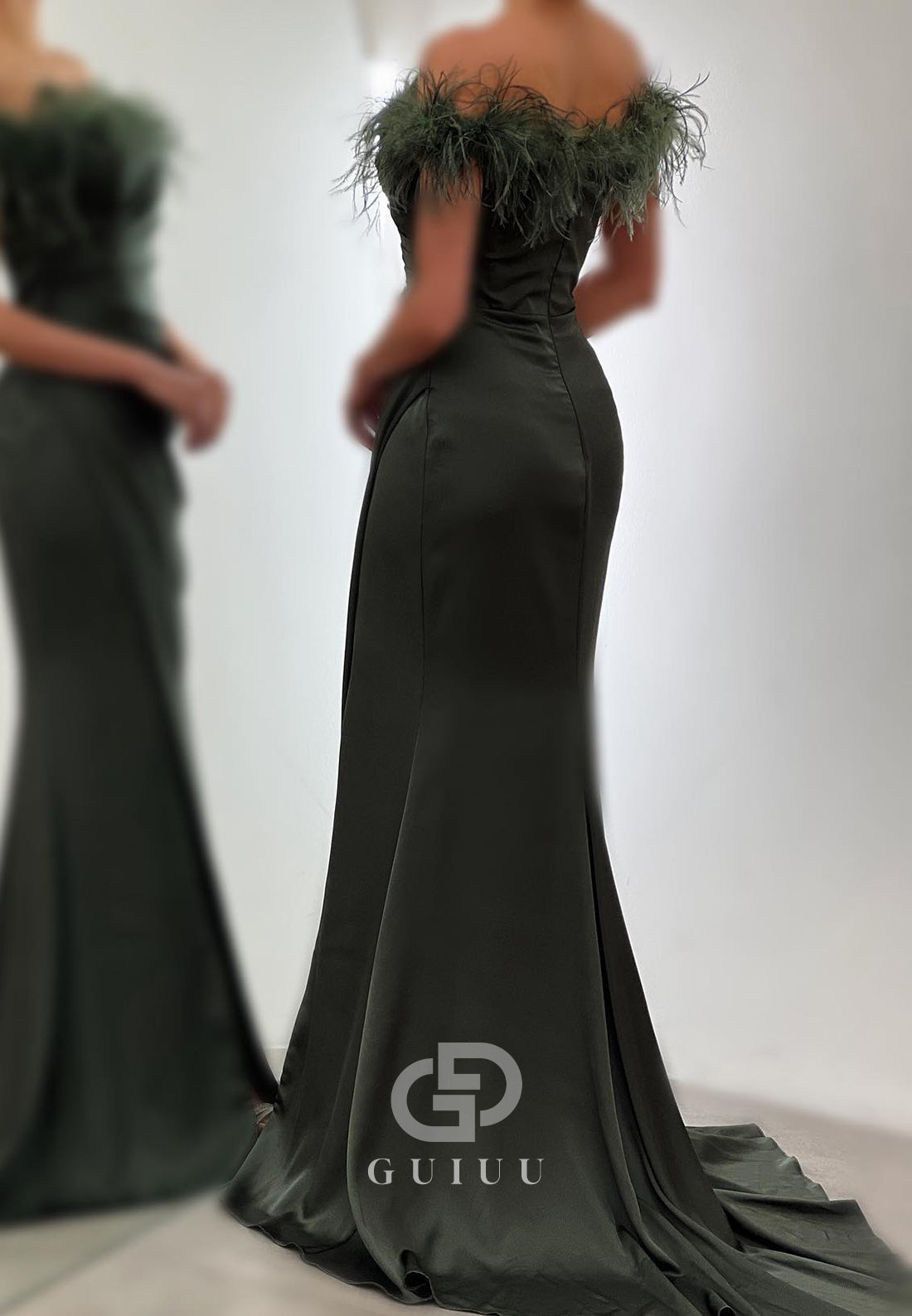 G4738 - Sheath Off Shoulder Sleeveless Feather Pleated Satin Long Prom Dress with Slit and Train