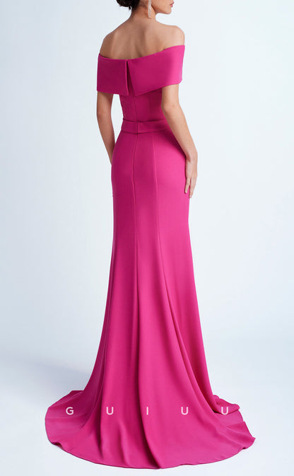 GM267 - Sheath Off Shoulder Sleeveless Ruffles Long Cocktail Dress with Train and Slit