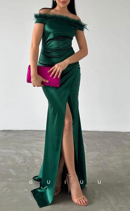 G3703 - Sheath Off Shoulder Stain Pleated Feather Long Prom Dress with High Side Slit