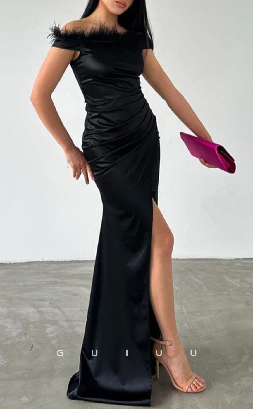 G3703 - Sheath Off Shoulder Stain Pleated Feather Long Prom Dress with High Side Slit