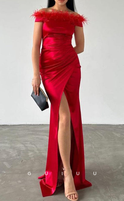 G3703 - Sheath Off Shoulder Stain Pleated Feather Long Prom Dress with High Side Slit