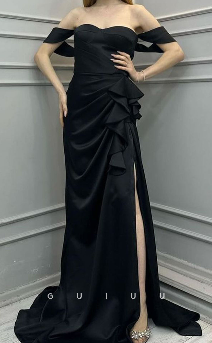 G3923 -Sheath Off Shoulder Straplesss Pleated Rufffles Back Zipper  Long Prom Dress with High Slit