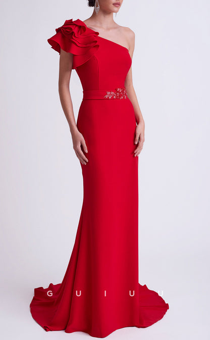 GM264 - Sheath One Shoulde Sleeveless Ruffles Long Cocktail Dress with Train