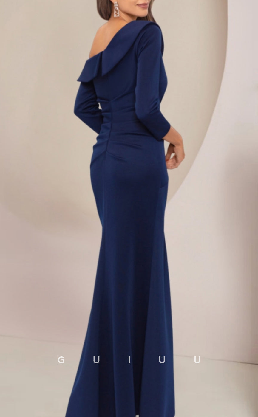 GM026 - Sheath One Shoulder 34 Length Sleeves Floor Length Back Zipper Mother of the Bride Dress Wedding Guest Gown