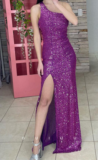 G3990 - Sheath One Shoulder Fully Beaded Backless Long Prom Dress with Slit