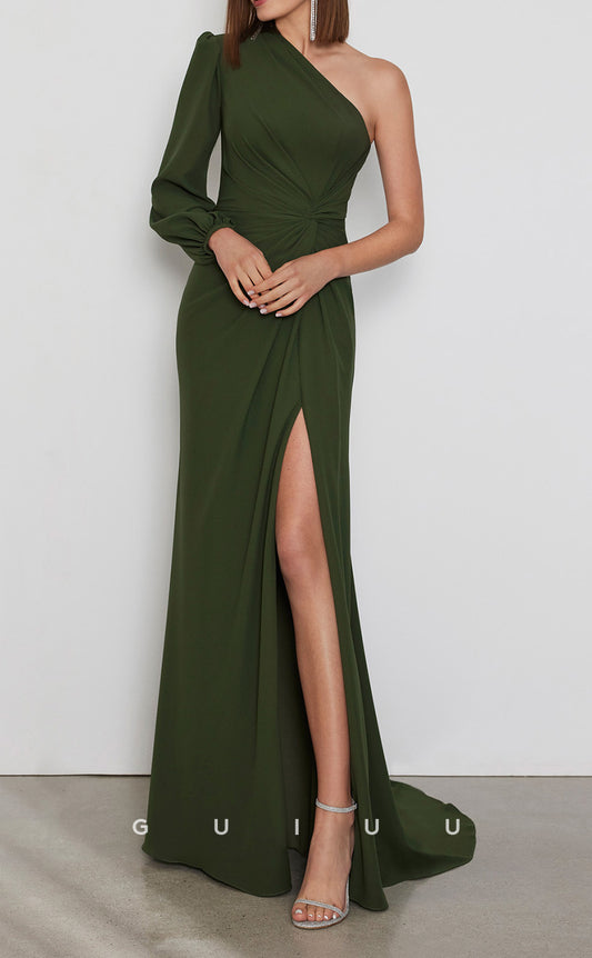 GM167 - Sheath One Shoulder Long Sleeves High Side Slit Long Prom Dress Wedding Guest Dress Cocktail Dress