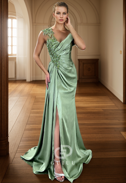 G4740 -  Sheath One Shoulder V Neck Sleeveless Pleated Appliques Beaded Back Zipper Long Prom Dress with Slit