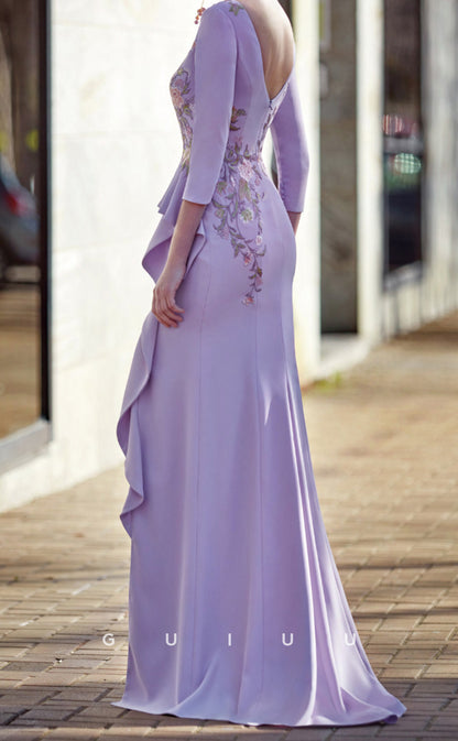 GM273 - Sheath Scoop 34 Length Sleeves Ruffles Satin Long Cocktail Dress with Slit and Train