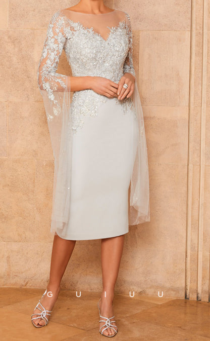 GM159 - Sheath Scoop Neck 34 Length Sleeves Knee Length Appliques Mother of Bride Dress