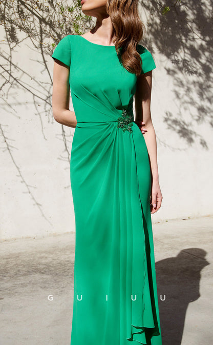 GM268 - Sheath Scoop Neck Cap Sleeves Pleated Long Cocktail Dress