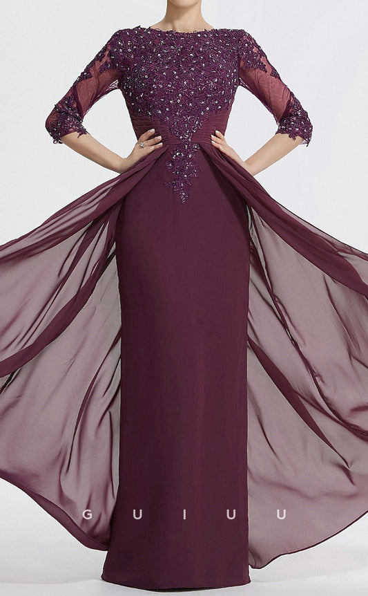 GM074 - Sheath Scoop Neck Floor Length 34 Legth Sleeves Appliques Chiffon Mother of the Bride Dress