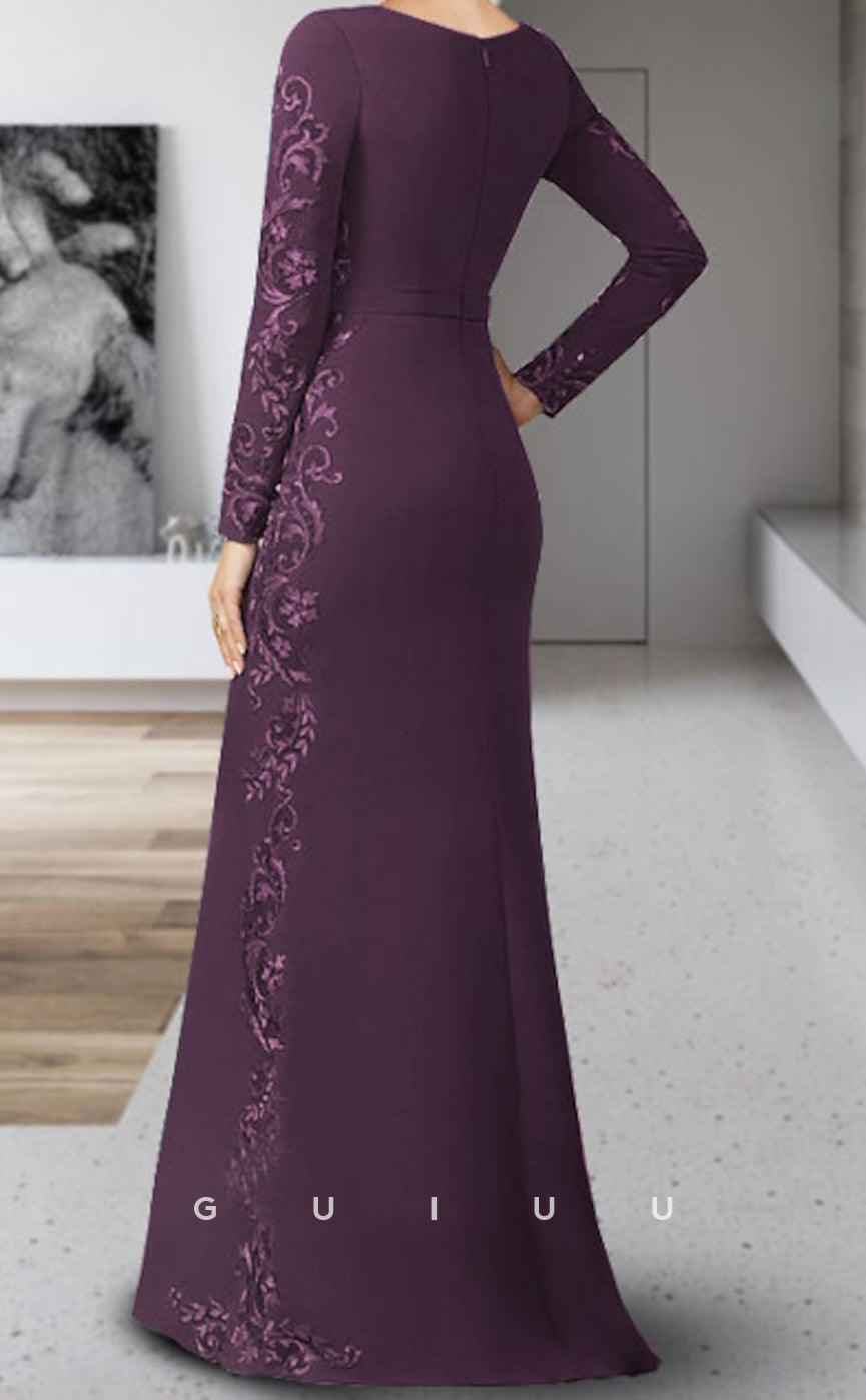 GM124 - Sheath Scoop Neck Floor Length Chiffon Long Sleeve Formal Wedding Guest Mother of the Bride Dress