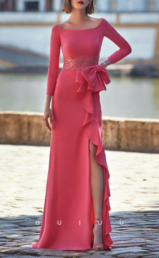 GM258 - Sheath Scoop Neck Long Sleeves Ruffles Long Cocktail Dress with Slit