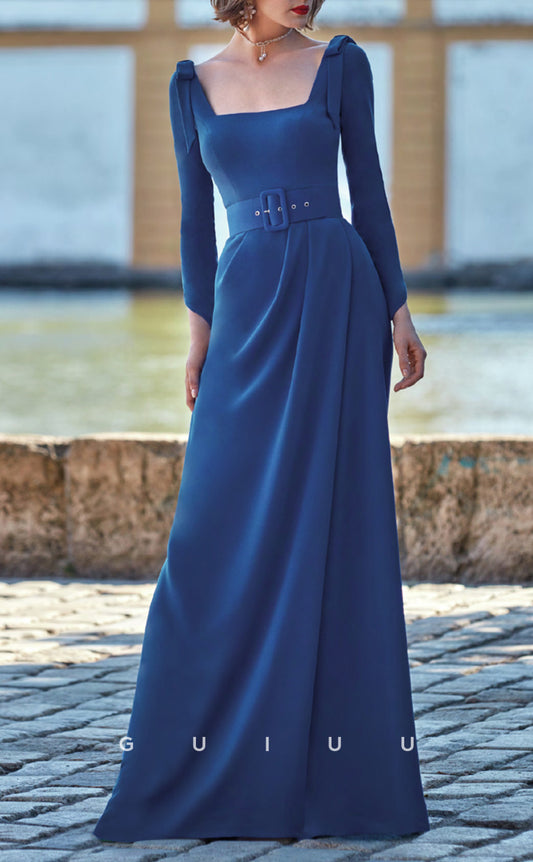 GM251 - Sheath Square Neck Long Sleeves Pleated Long Cocktail Dress