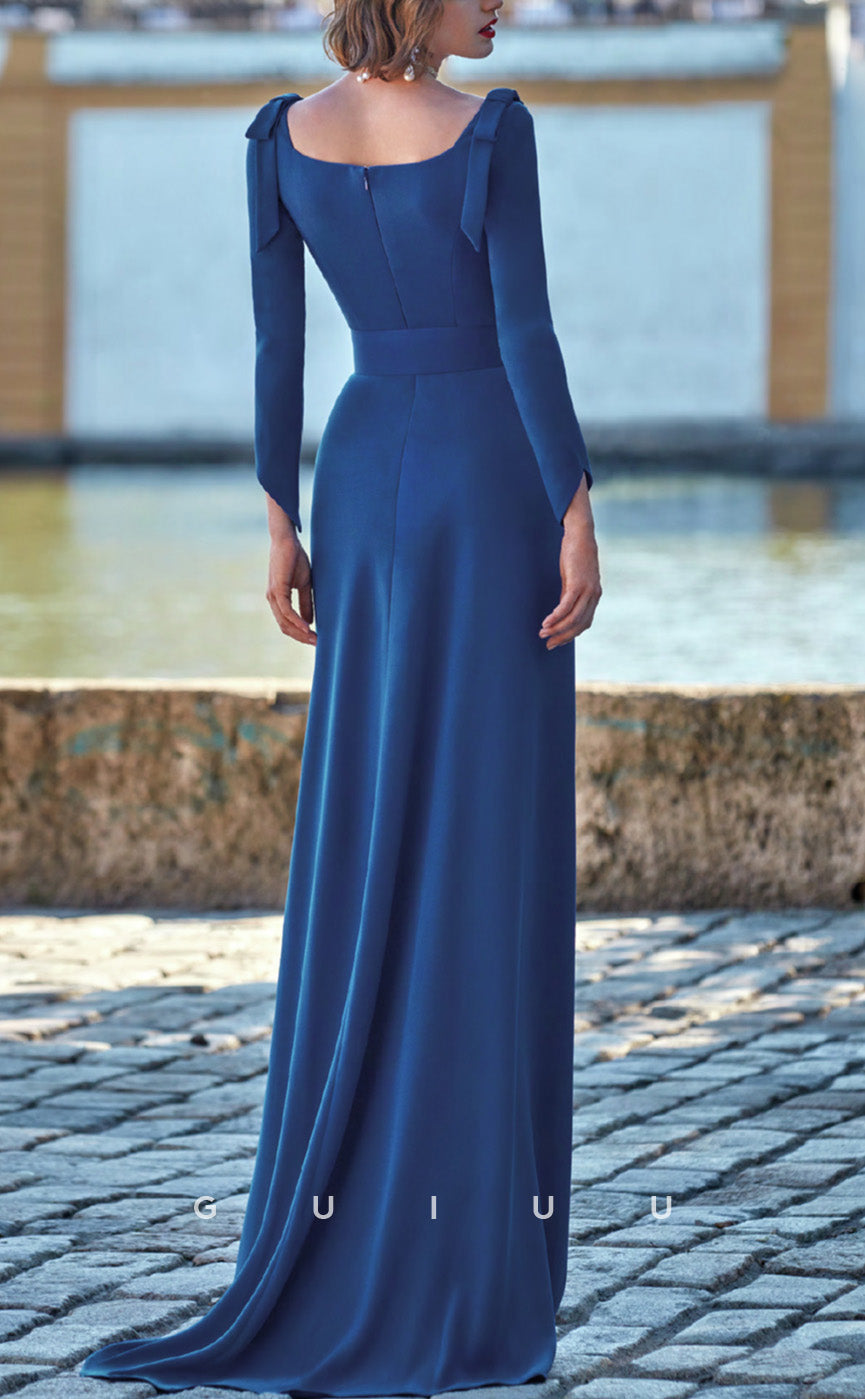 GM251 - Sheath Square Neck Long Sleeves Pleated Long Cocktail Dress