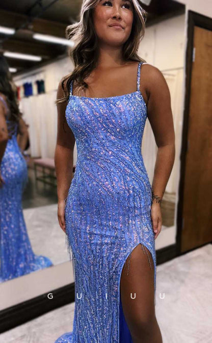 G4652 - Sheath Square Straps Sleeveless Fully Beaded High Side Slit Prom Evening Gown with Train for Black Girl Slay