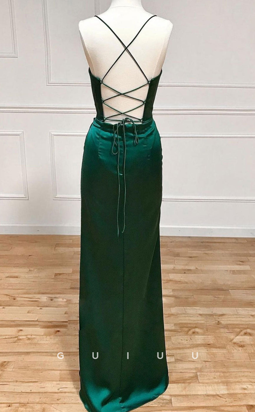 G3064 -  Sheath Strapless Halter Criss Cros Straps Dark Green Stain Long Prom Dresswith High Side Slit