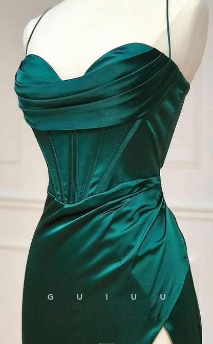 G3064 -  Sheath Strapless Halter Criss Cros Straps Dark Green Stain Long Prom Dresswith High Side Slit