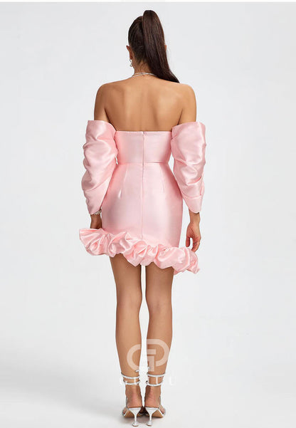 GH1005 -  Sheath Strapless Off Shoulder Long Sleeves Ruched Pink Short Homecoming Dress