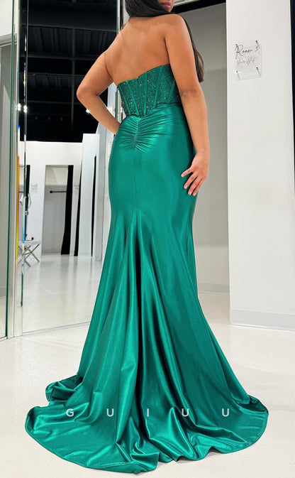 G3738 - Sheath Strapless Sleeveless Beaded Long Prom Party Dress with Slit and Train