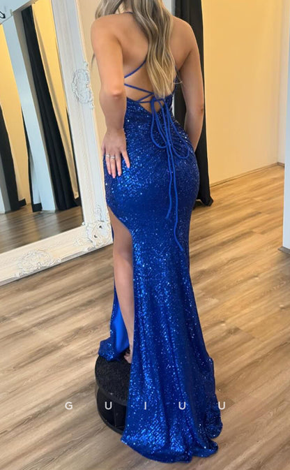 G3783 - Sheath Strapless Sleeveless Fully Sequined Long Prom Dress with High Side Slit