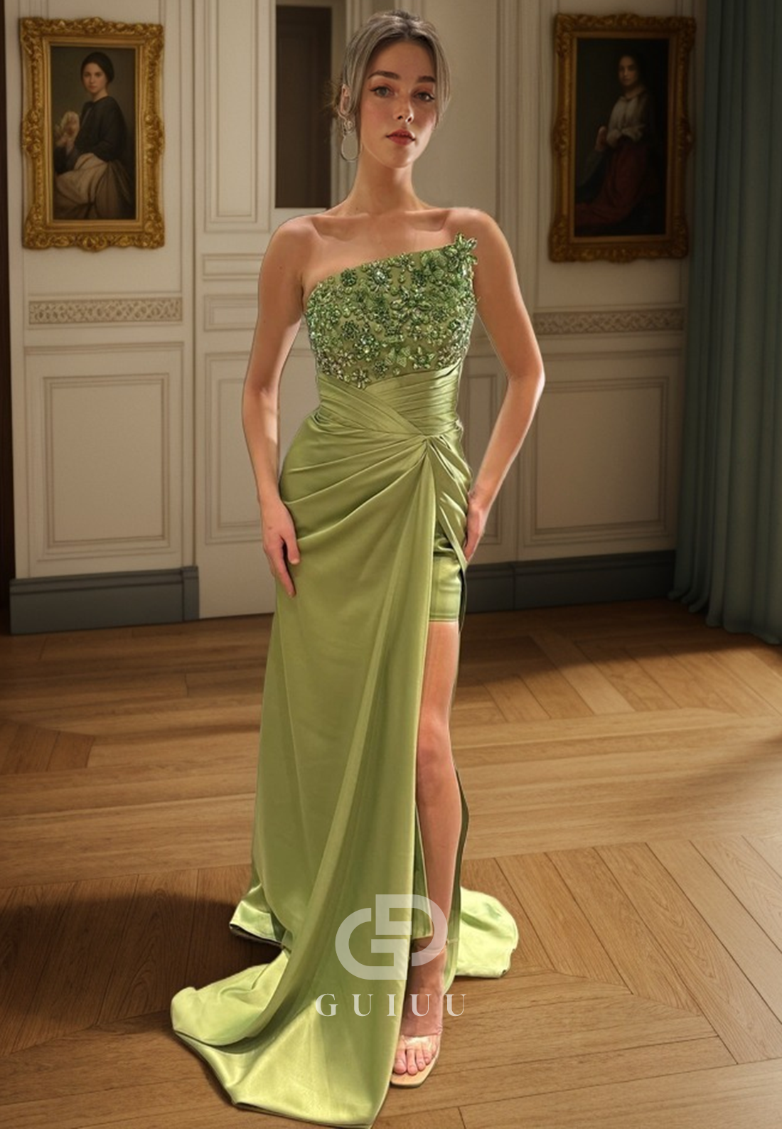 G4743 - Sheath Strapless Sleeveless Pleated Beadd Satin Long Prom Dress with High Side