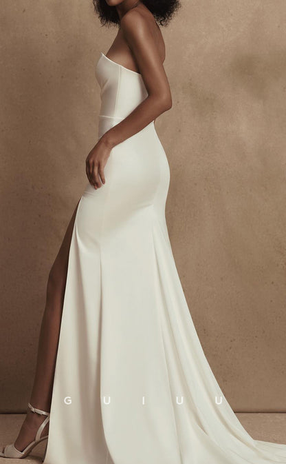 GW965 - Sheath Strapless Sleeveless Pleated High Side Slit Stain Wedding Dress