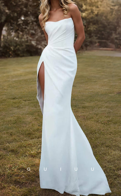 GW1011 - Sheath Strapless Sleeveless Pleated High Side Slit Stain Wedding Dress with Train