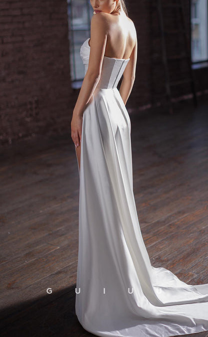 GW1007 - Sheath Strapless Sleeveless Pleated High Side Slit Stain Wedding Dress with Train