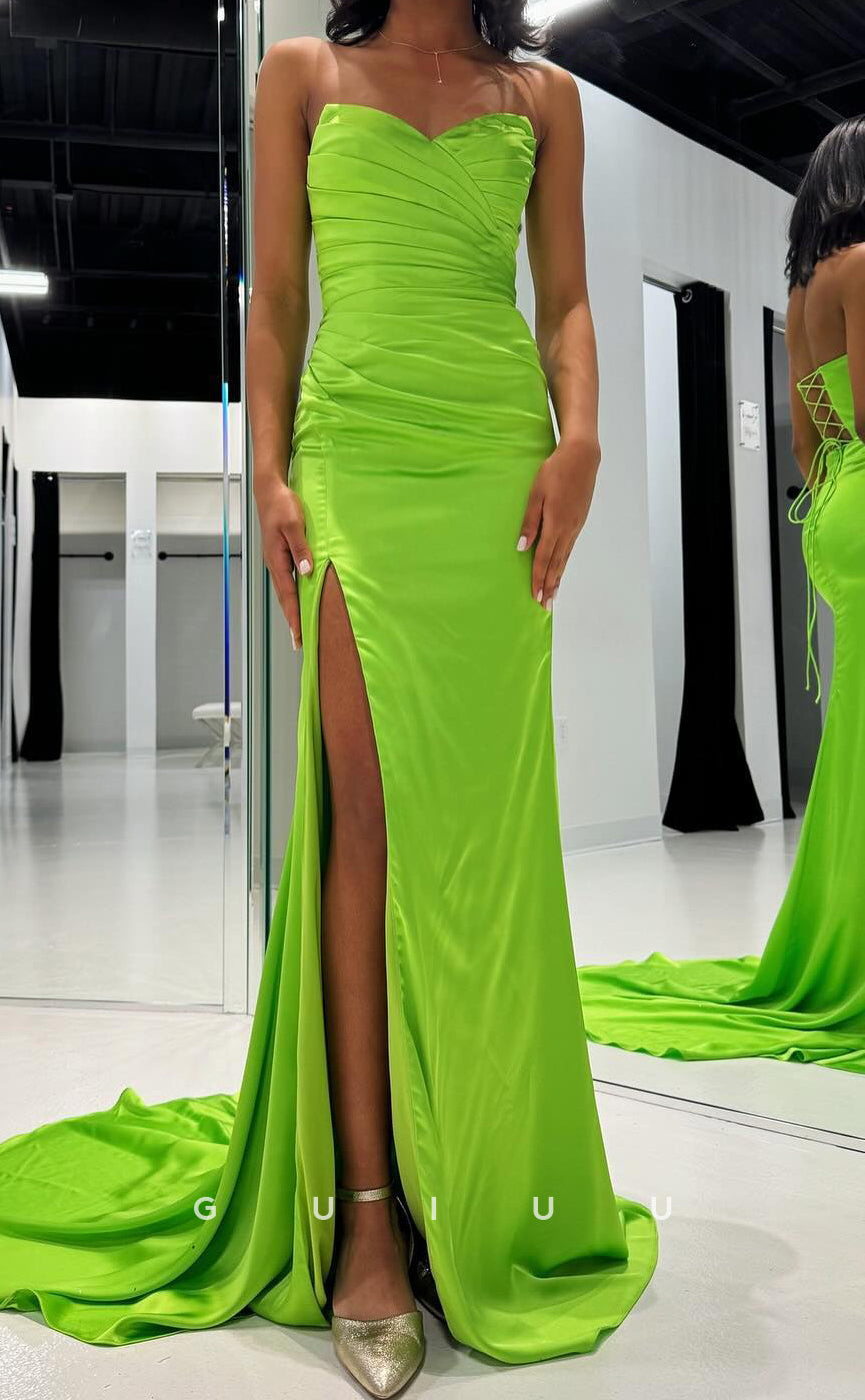 G3725 -  Sheath Strapless Sleeveless Pleated Ruched LaceupLong Prom Dress with Slit and Train