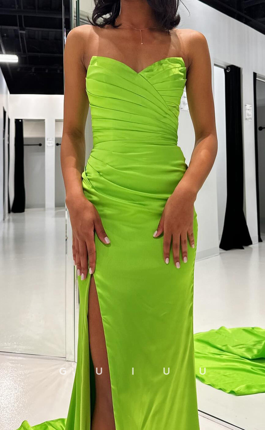 G3725 -  Sheath Strapless Sleeveless Pleated Ruched LaceupLong Prom Dress with Slit and Train