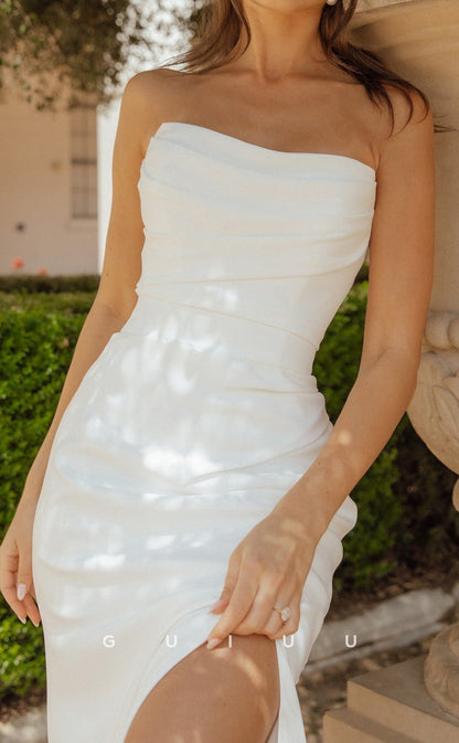 GW1012 -  Sheath Strapless Sleeveless Pleated Stain Wedding Dress with Side Slit and Train