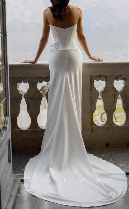 GW1016 - Sheath Strapless Sleeveless Pleated Stain Wedding Dress with Slit and Train